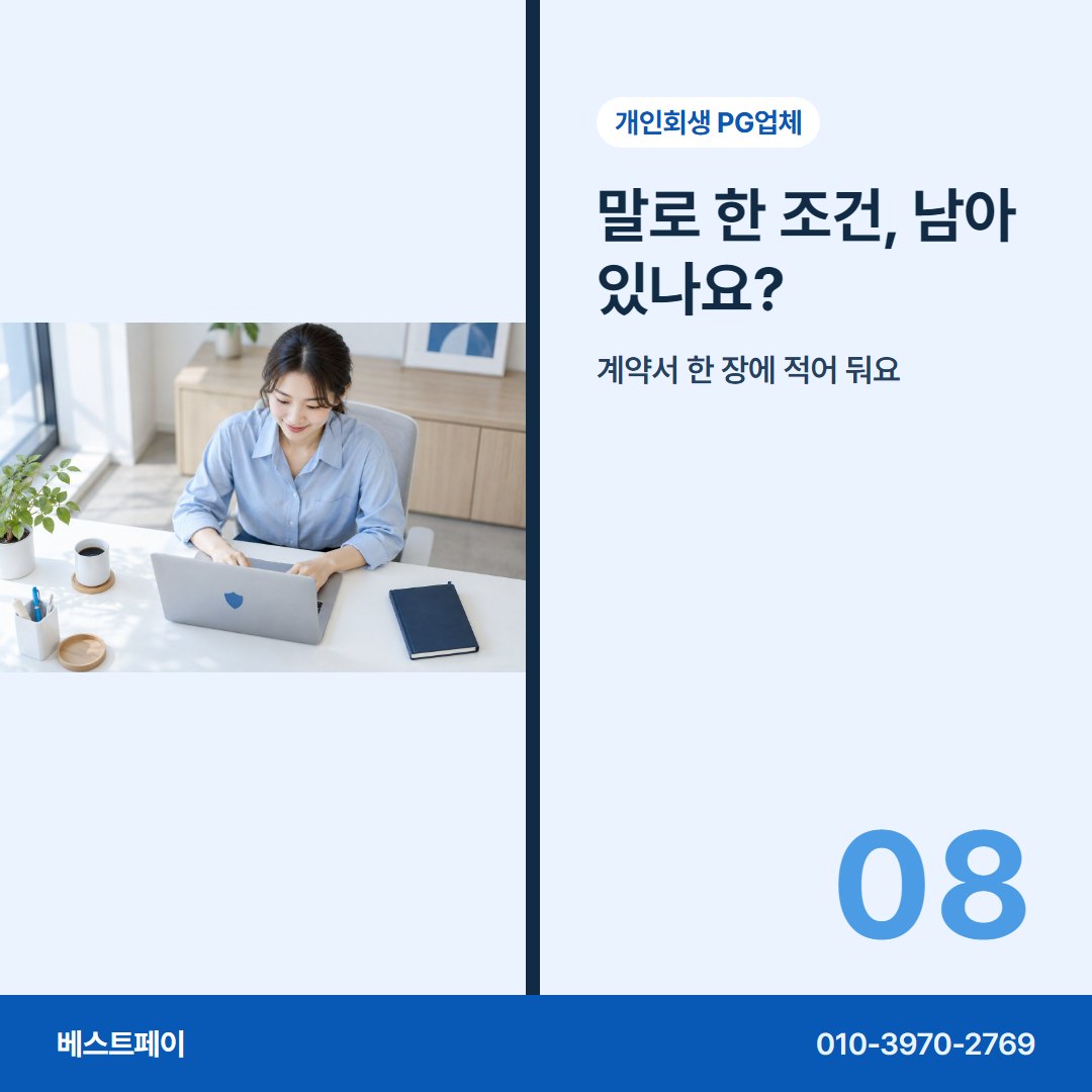 개인회생 PG업체 말로 한 조건, 남아 있나요? — 회생 중인 사장님이 자주 묻는 것을 아홉 쪽에 나눠 담았습니다