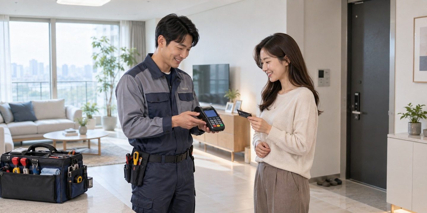 매장 안에서 휴대용 결제 기기를 살펴보는 사람들 — 개인회생 PG업체 회생 중인 사장님도, PG 가입 · 개통 가능합니다.