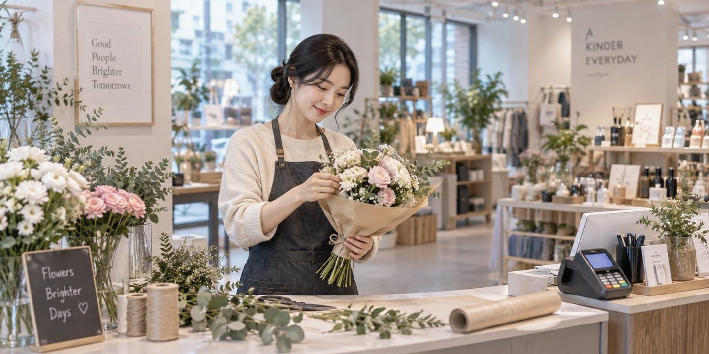 꽃이 놓인 매장 계산대에서 결제를 준비하는 운영자 — 개인회생 PG업체 당일정산회생 중인 사장님도 당일정산과 익일정산을 고를 수 있습니다. 연락 주시면 돈 나가는 날에 맞춰 같이 정해 드립니다.